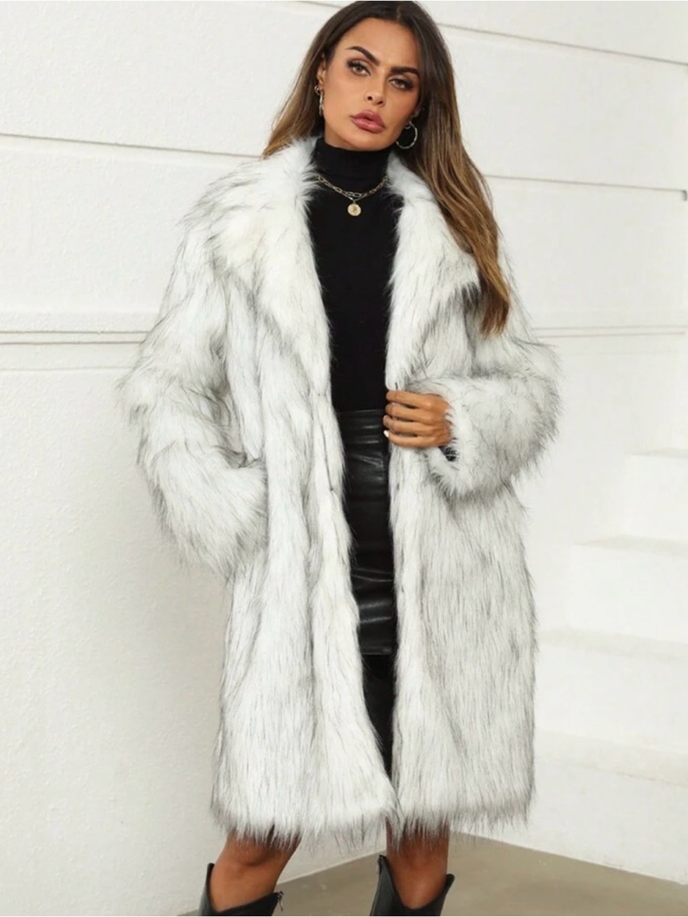 Faux Fur Long Coat in White and Gray by